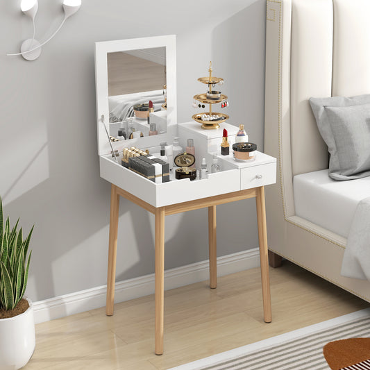 HOMCOM Dressing Table with Flip-up Mirror, Makeup Desk with 2 Drawers, Vanity Table Writing Desk for Bedroom Living Room, White