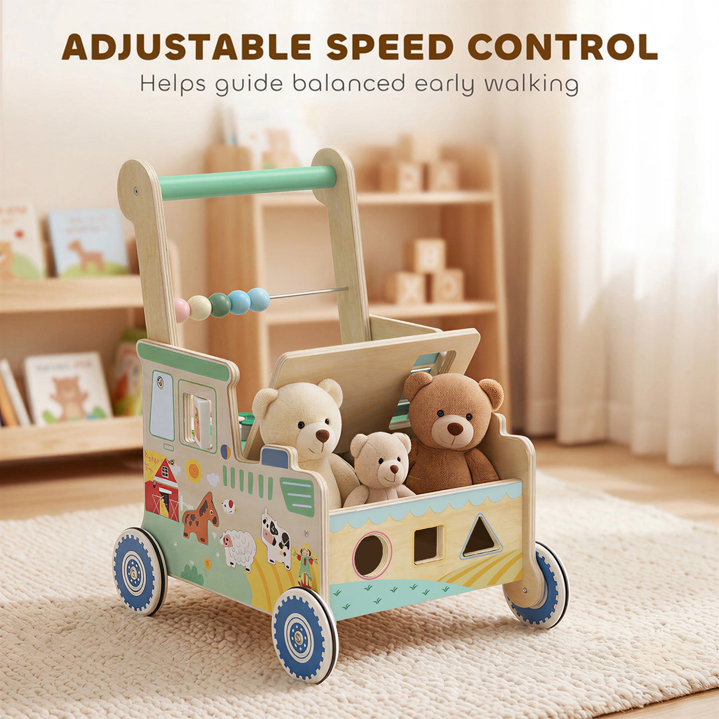 AIYAPLAY Wooden Baby Walker for 1-3 Year, Montessori Inspired Push Along Walker Toys, Multifunctional Activity Centre