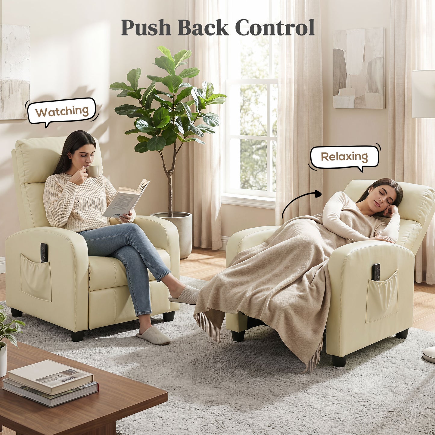HOMCOM Recliner Armchair, Massage Faux Leather Push Back Reclining Chair with Adjustable Leg Rest, Side Pocket, Cream White