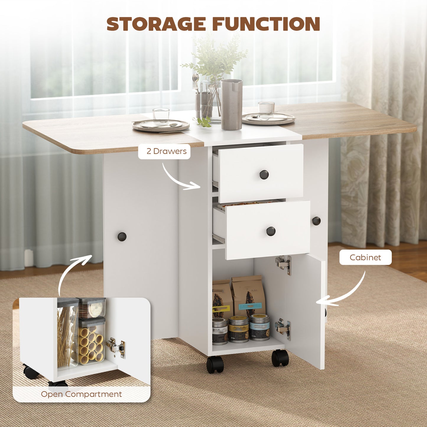 HOMCOM Multi-Storage Six-Person Drop Leaf Dining Table - Oak and White