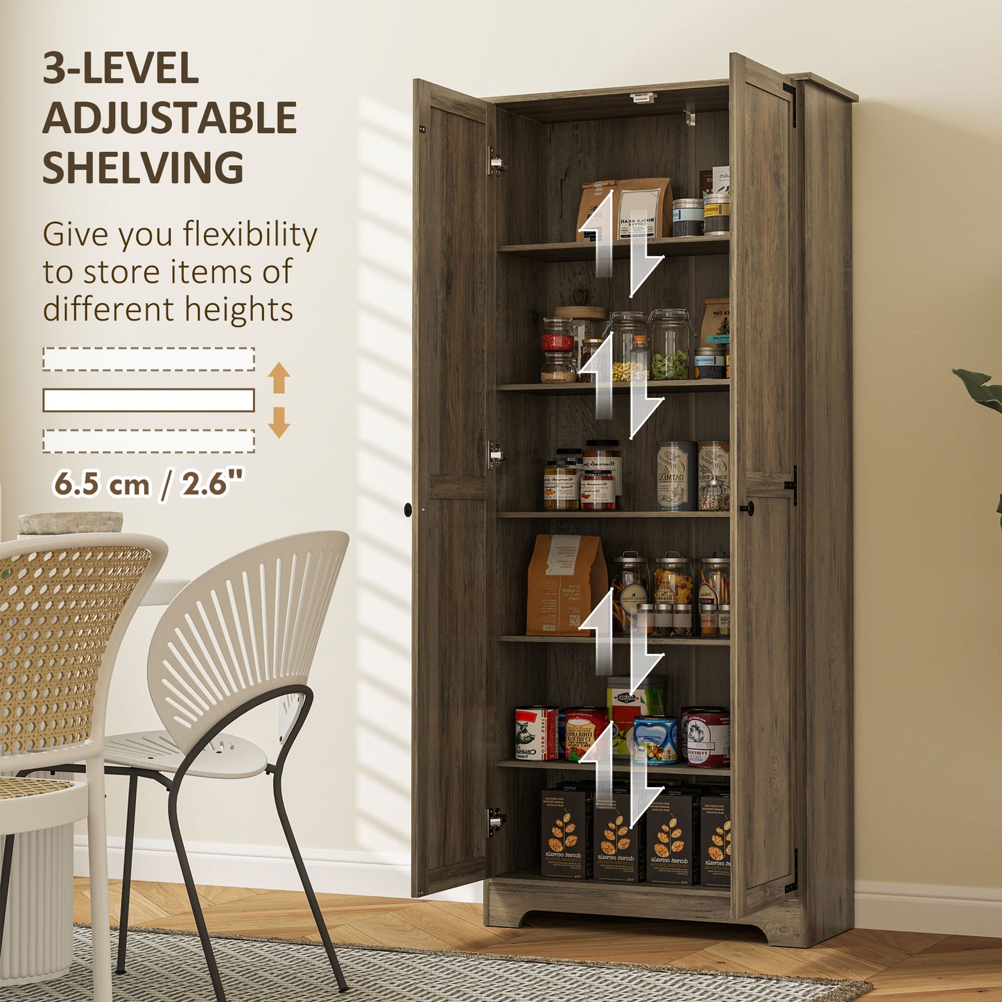 HOMCOM Farmhouse Kitchen Cupboard, Freestanding Kitchen Storage Cabinet with Adjustable Shelves, Tall Storage Cabinet with Recessed Doors, Grey Wood-Effect