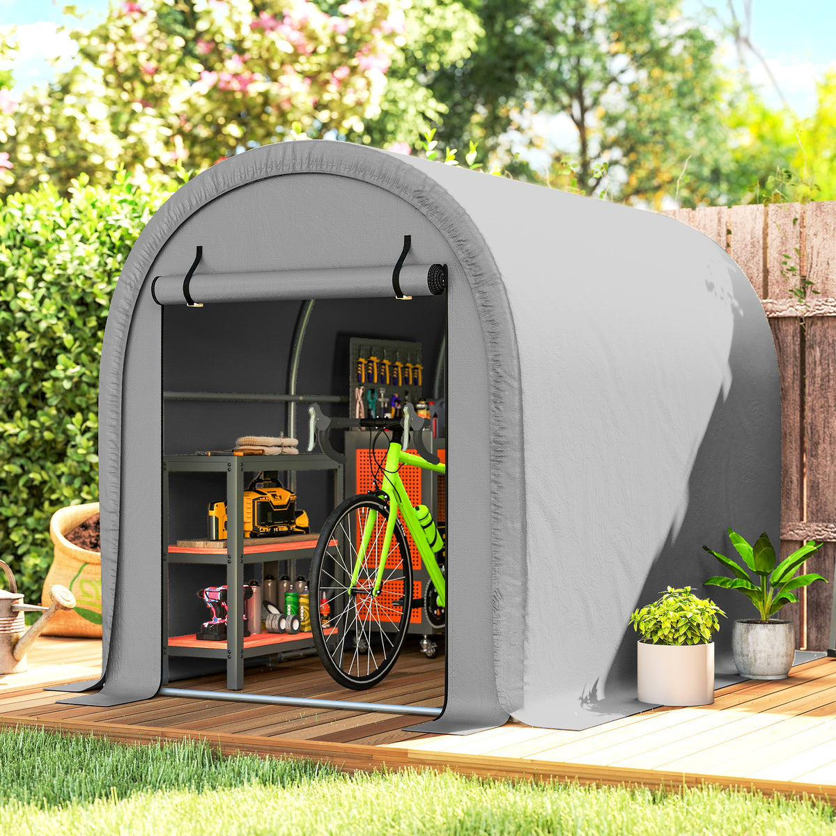 Outsunny 1.6 x 2.4m Garden Storage Shed Tent, Waterproof Bike Shed with Roll-up Zipper Door, Galvanised Metal Frame, Light Grey