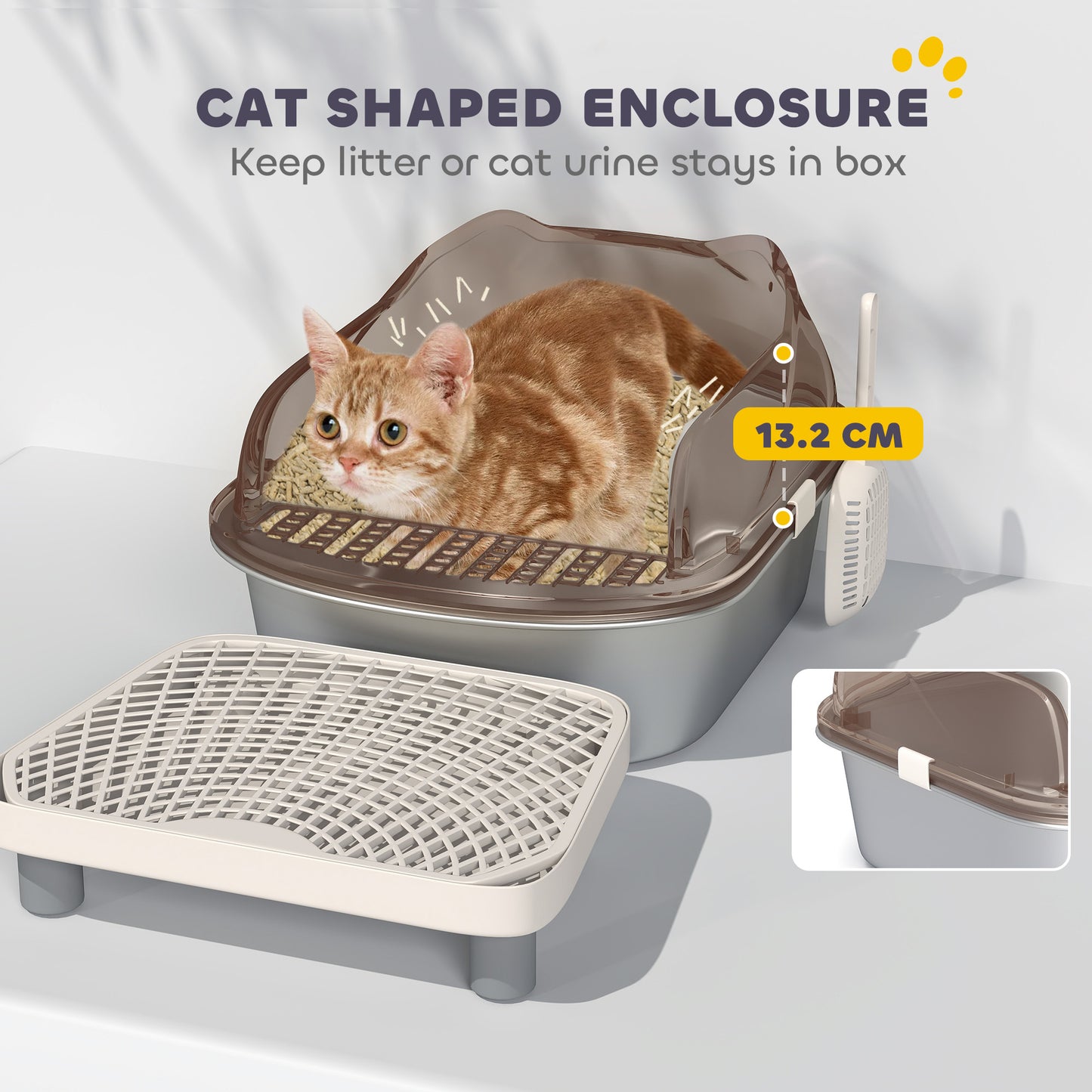 PawHut Stainless Steel Litter Box with Lid, High Wall Sided Enclosure, Pedal, Scoop, Non-Sticky, Anti-Leakage, Easy Cleaning