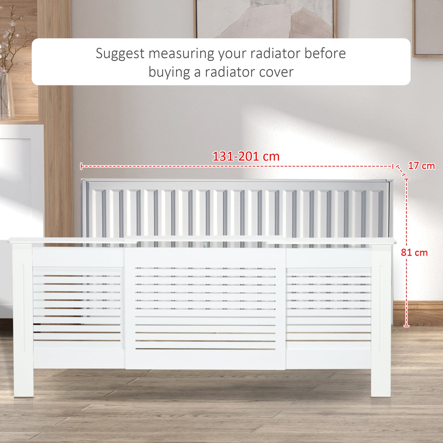 HOMCOM Set of 2 MDF Extendable Radiator Cover with Cabinet Shelving, Home Office Slatted Design, White 139-208.5L x 20.5W x 82.5H cm