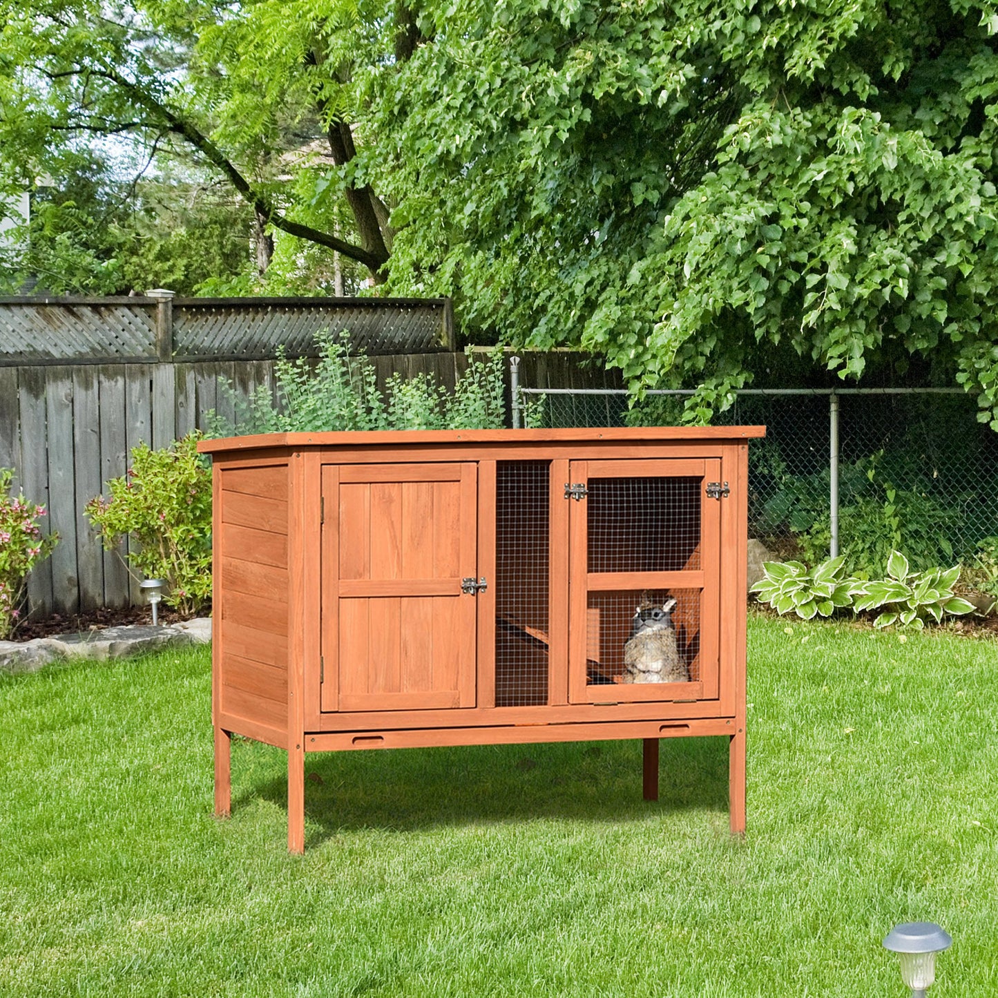 PawHut Wooden Guinea Pigs Hutches Elevated Pet Bunny House with Slide-Out Tray Openable Roof