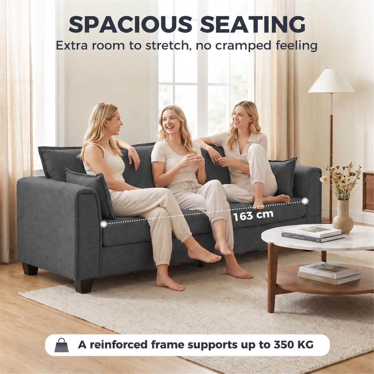 HOMCOM 3 Seater Sofa, Linen Upholstered Sofa Couch with Spring Cushions, Thick Padding, Wide Padded Armrests, Dark Grey