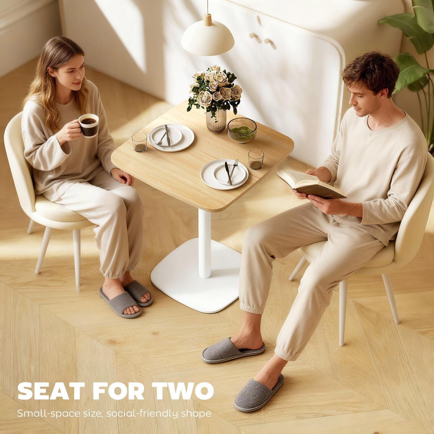 HOMCOM Small Dining Table, 60 cm Square Kitchen Table with Wood-veneer Top and Steel Base - Natural Wood Finish