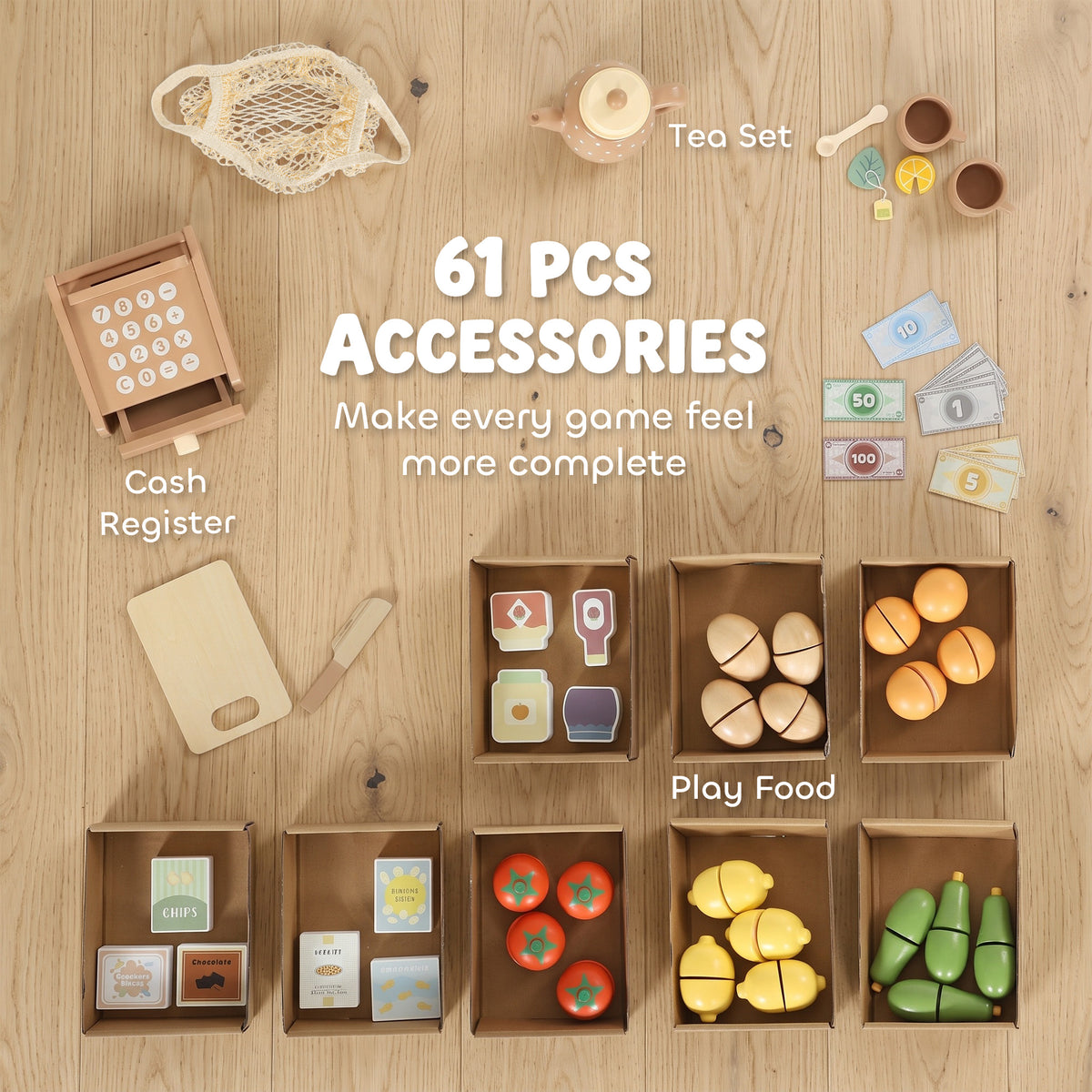 AIYAPLAY Pretend Play Shop, Wooden Kids Grocery Store Playset with Play Food, Cash Register, Chalkboard, 61 Accessories for 3-8