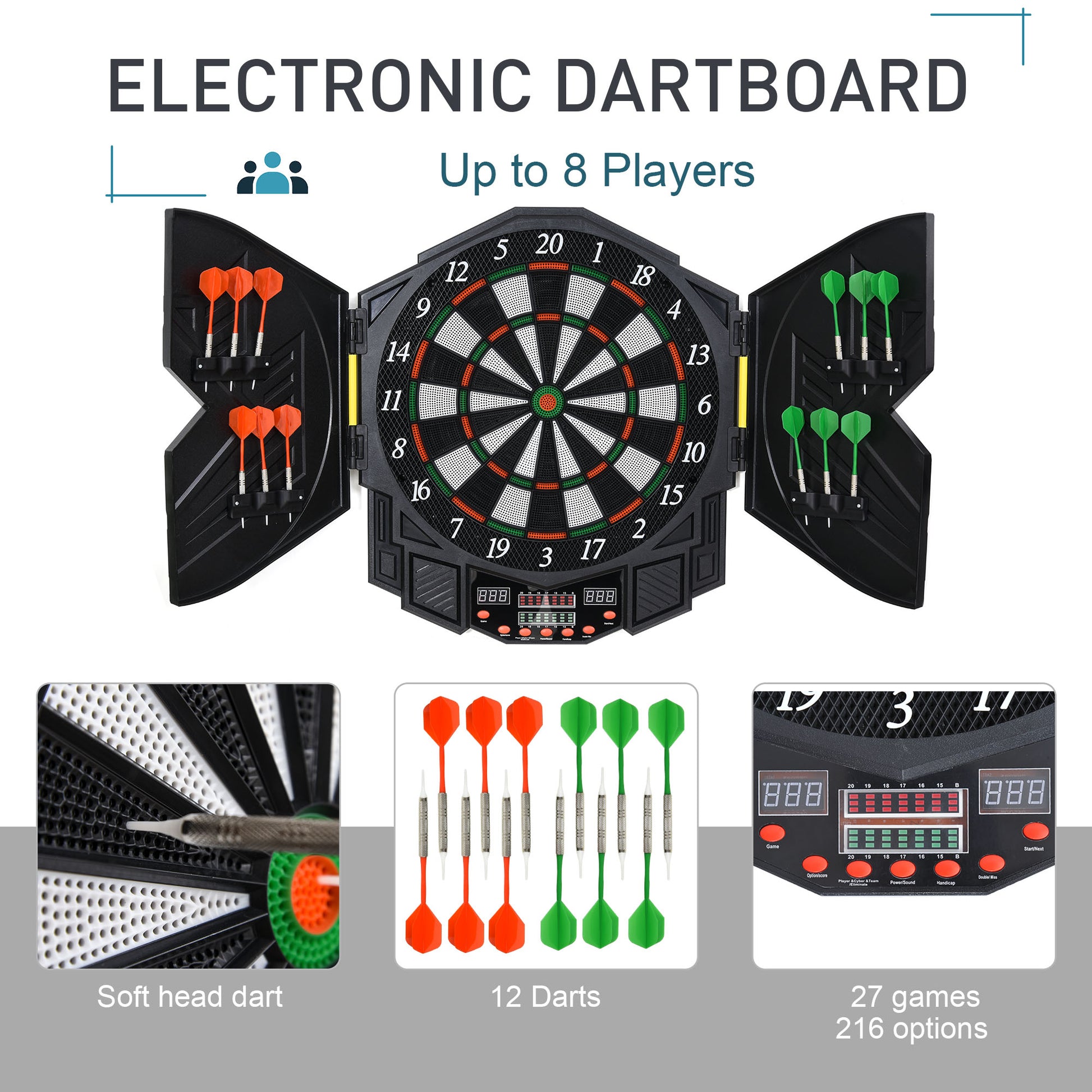 HOMCOM Dart Board Set, Electronic Dartboard with LED Digital Score Display, Soft Tip Darts, 27 Games, Speaker Sound