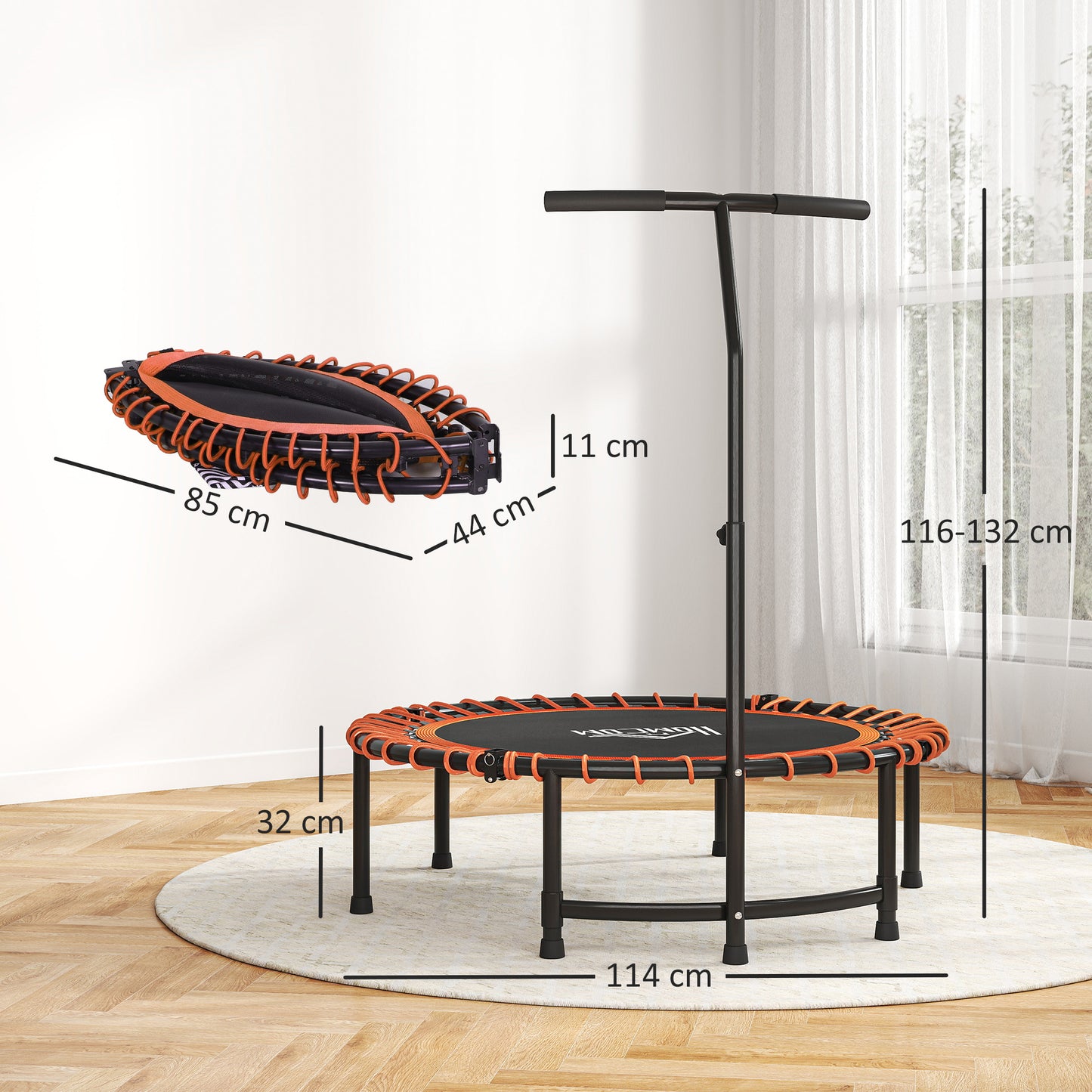 HOMCOM Mini Round Steel Frame Trampoline w/ Adjustable Handle, Orange