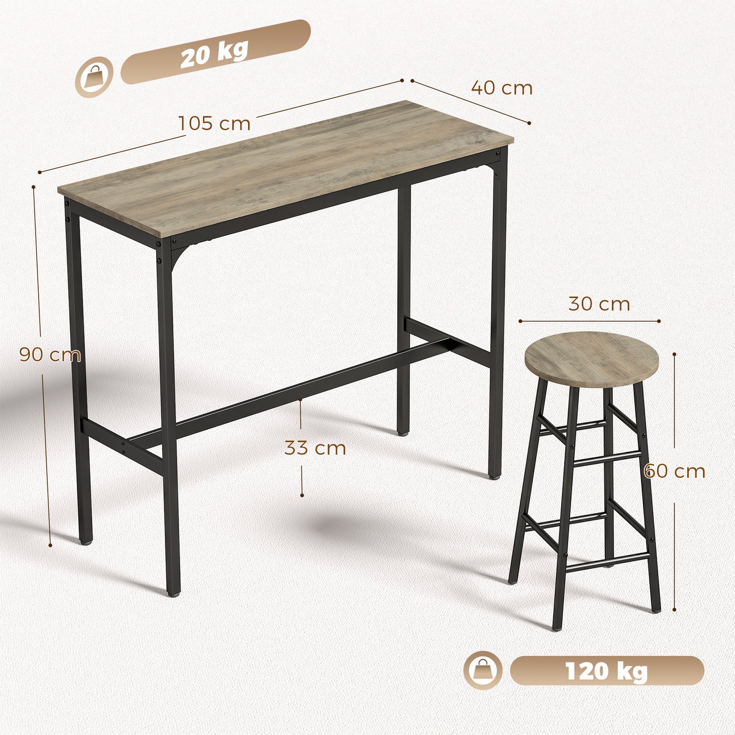 HOMCOM 5 Piece Bar Table Set with 4 Stools, Industrial Bar Table and Stool Set, Dining Table and Chair Set, Grey