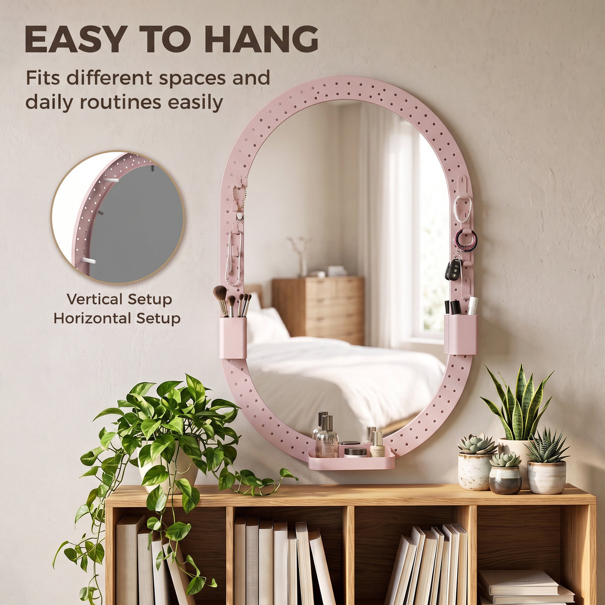 HOMCOM Oval Wall Mirror, 60 x 90 cm Decorative Hanging Mirror with Pegboard Frame, Wall-Mounted, Pink