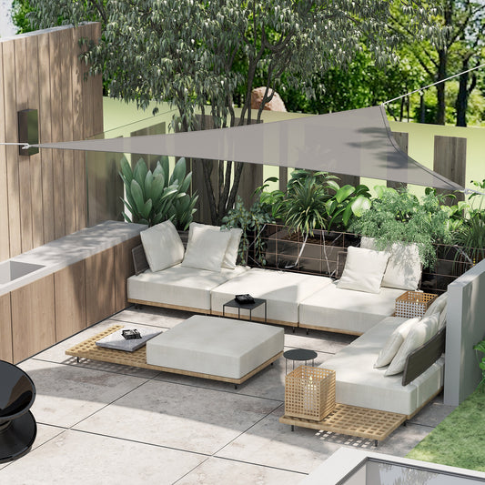 Outsunny 4x4x4m Triangle Sun Shade Sail, Outdoor UV Protection HDPE Canopy, Patio Deck Shelter with Steel Rings and Ropes, Grey