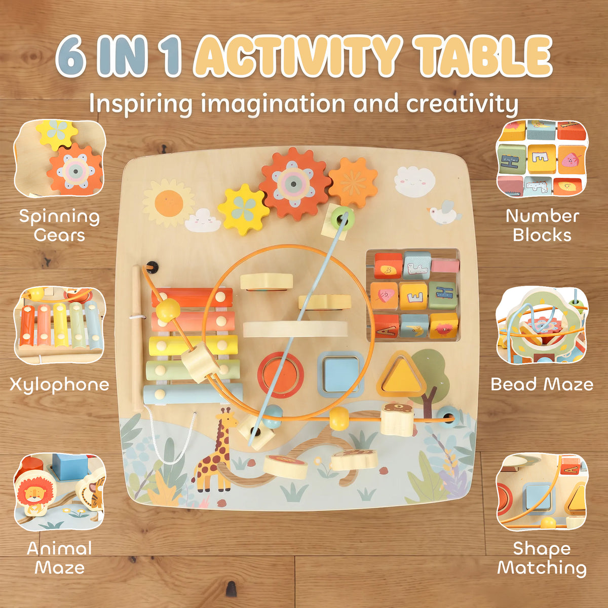 AIYAPLAY Wooden Baby Activity Table, 6 In 1 Montessori Learning Table with Bead Maze, Shape Sorter and Xylophone for 18M-3Y