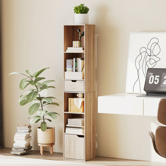 HOMCOM 6-Tier Bookcase, Tall Narrow Bookshelf with Drawer and Door - Natural Wood Finish