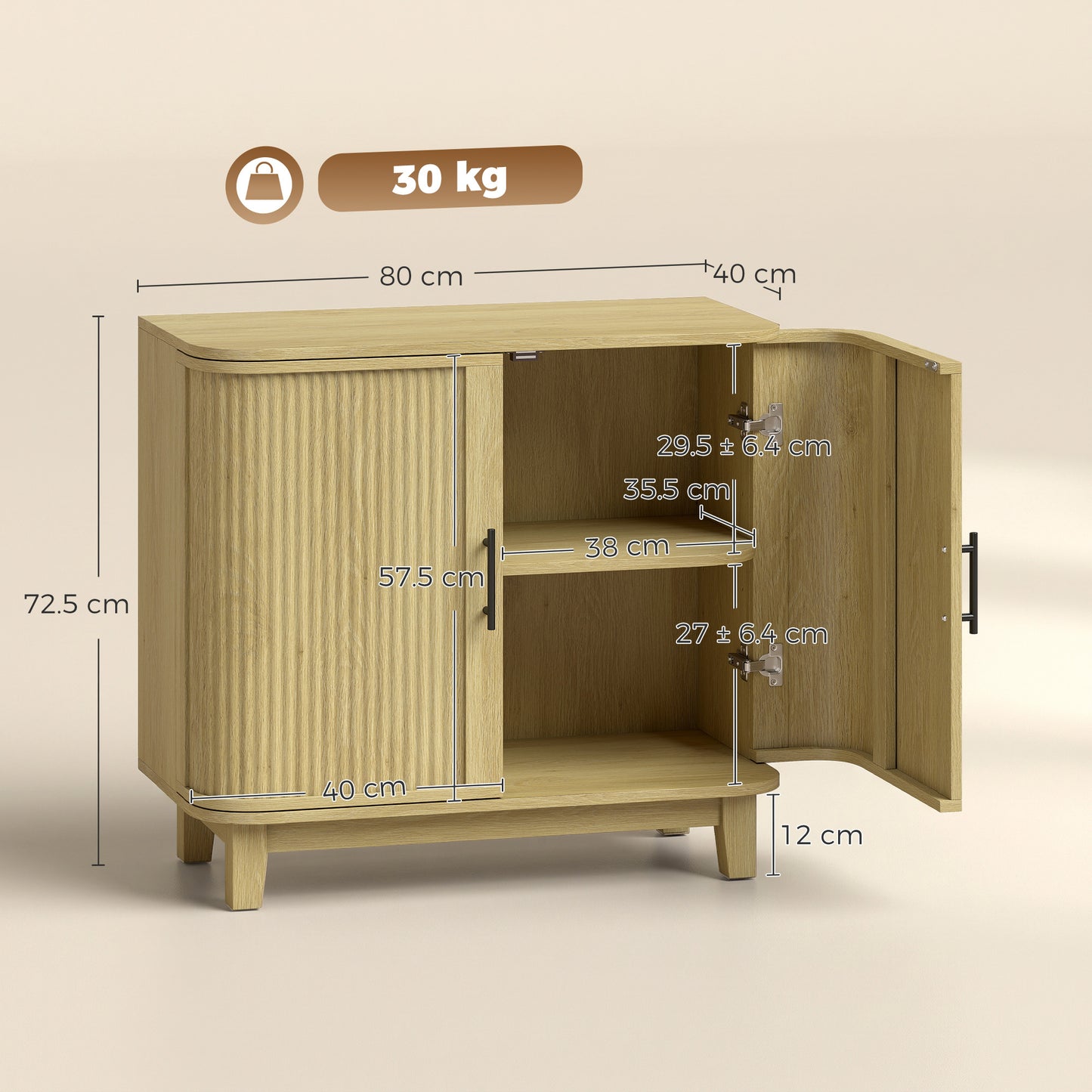 HOMCOM 80cm Sideboard Buffet Cabinet, Storage Cabinet with 2 Curved Doors, Adjustable Shelf and Legs for Dining Room, Oak