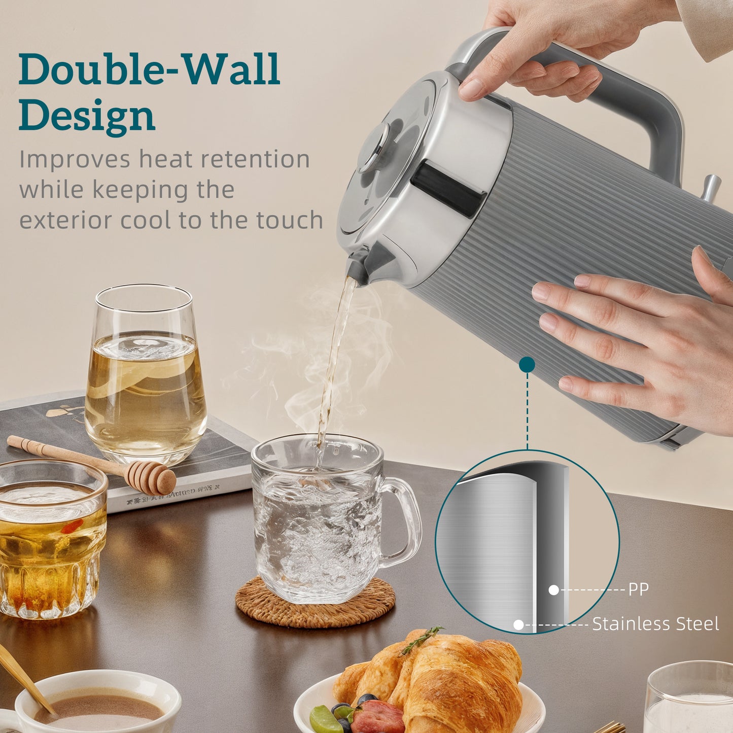 HOMCOM Electric Stainless Steel Kettle and Toaster Set, 3000W 1.7L UK Strix Thermostat Fast Boil Kettle w/ Limescale Filter, Cool Touch Body, 4 Slice Toaster with 7 Browning Levels, Crumb Tray, Grey