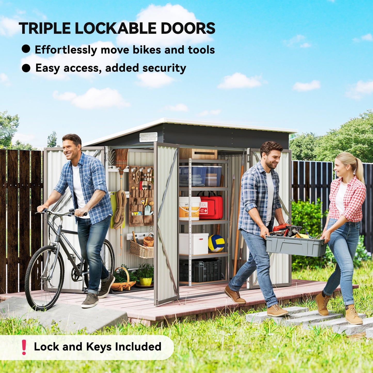 Outsunny 7.5 x 4.3ft Metal Garden Storage Shed, Waterproof Outdoor Shed with Triple Lockable Door, Gloves, Vents, Light Grey