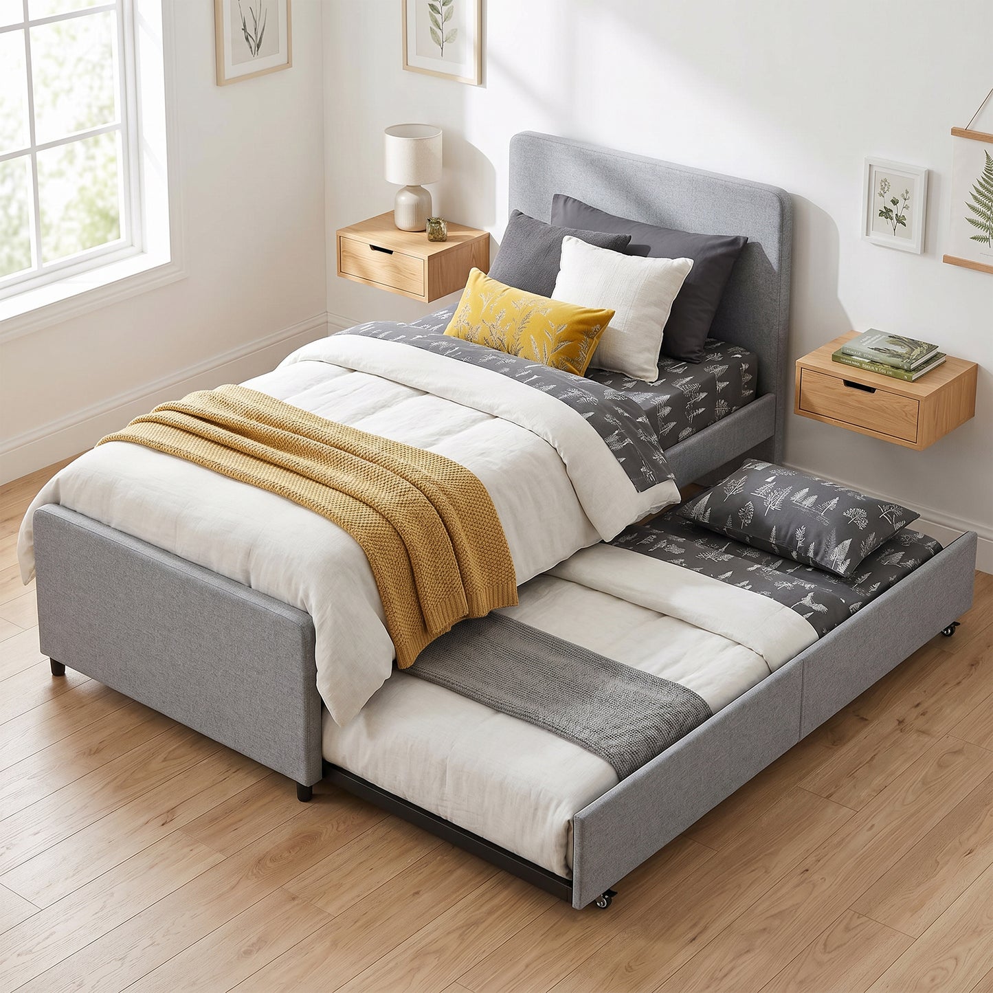 HOMCOM 3ft Single Bed Frame with Trundle, Upholstered Pull Out Trundle Bed with Headboard and Footboard, Light Grey