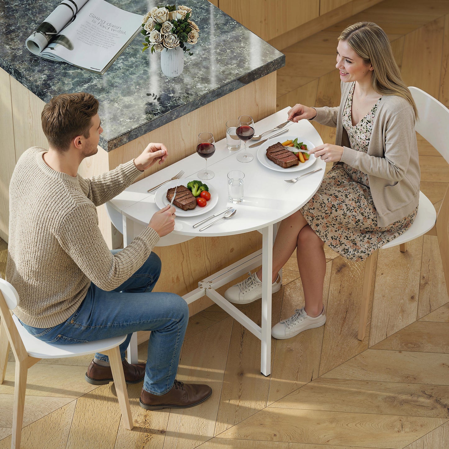 HOMCOM CollapsibleÂ Drop Leaf Table, Folding Dining Table for Small Spaces, Extendable Kitchen Table with Steel Frame, White