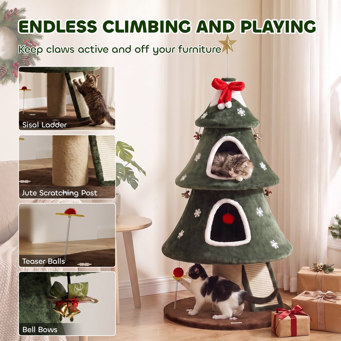 PawHut Cat Tree, Christmas Cat Tower with Dual Condos, Sisal Ladder, Jute Posts, Anti-Tip Rope, Hanging Balls, 60 x 60 x 132 cm