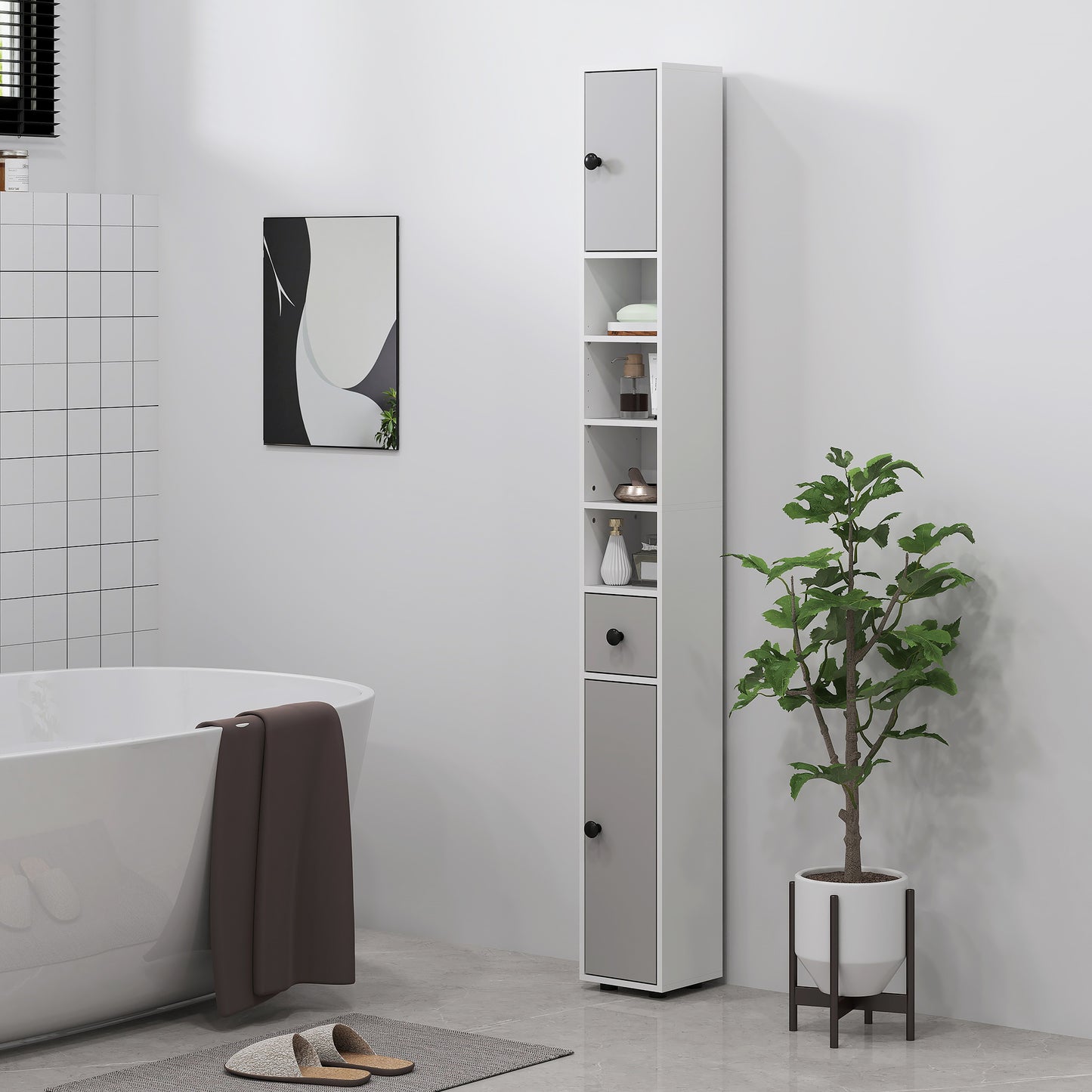 kleankin 180cm Slim Bathroom Cabinet, with Drawer, Shelves and Cupboards - Light Grey