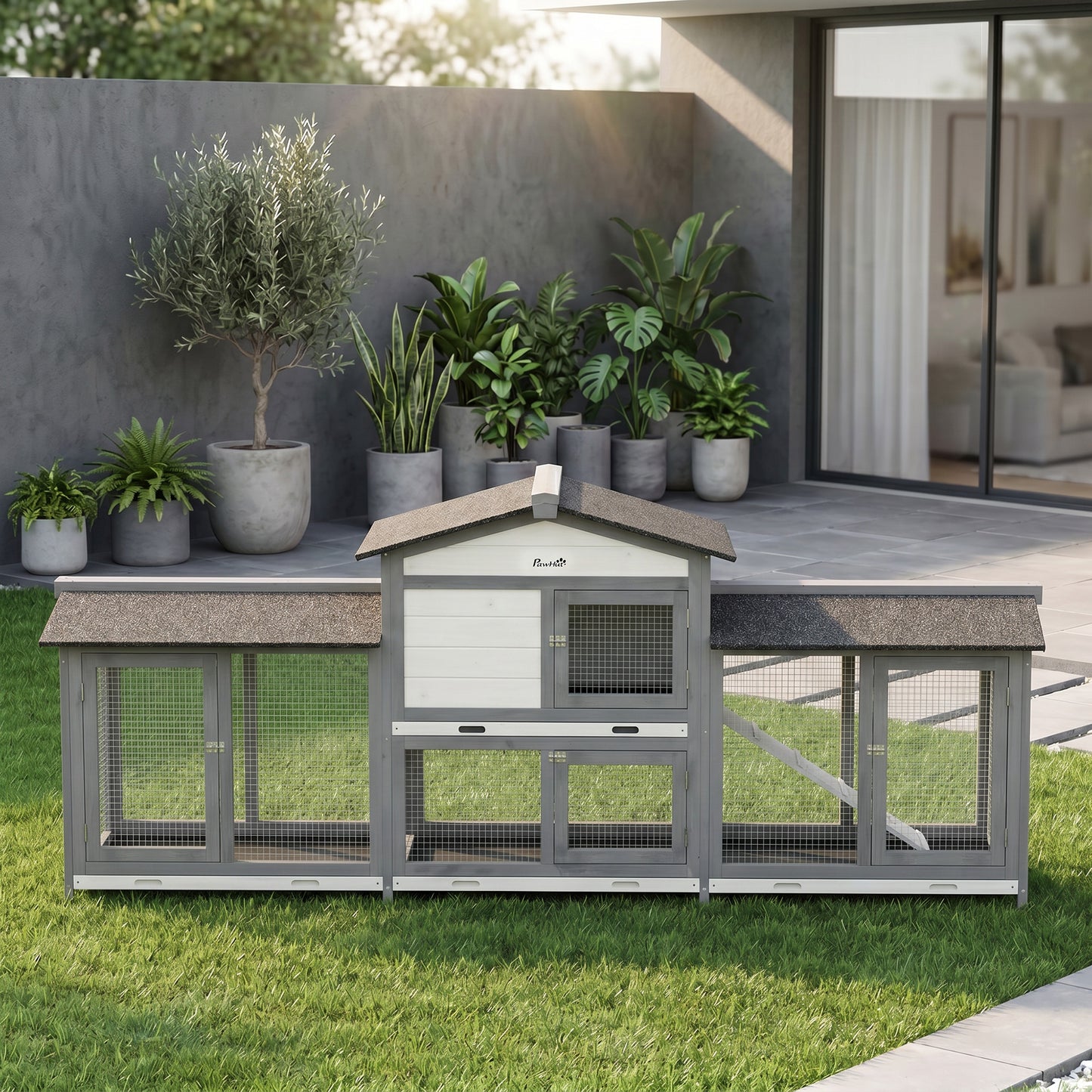PawHut 2-Tier Large Rabbit Hutch Outdoor with Double Side Run Boxes, No-leak Plastic Tray, Ramp, 230 x 53 x 93.5cm, Light Grey