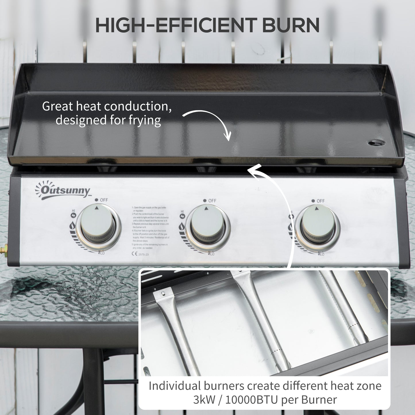 Outsunny Gas Plancha Barbecue Grill with 3 Stainless Steel Burner, 9kW, Portable Tabletop Gas BBQ with Non-Stick Griddle for Camping Picnic Garden Party Festival