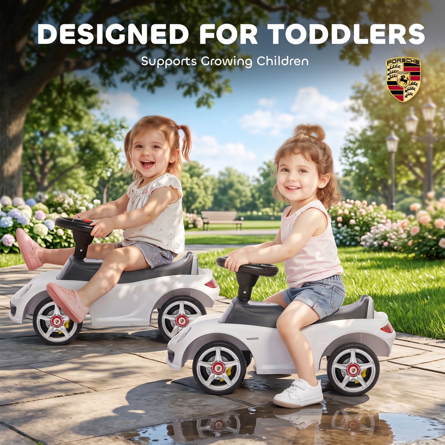 AIYAPLAY Ride on Car, Porsche Licensed Toddler Push Car with Horn, Headlights, Sound and Steering Wheel for 18-36 Months, White