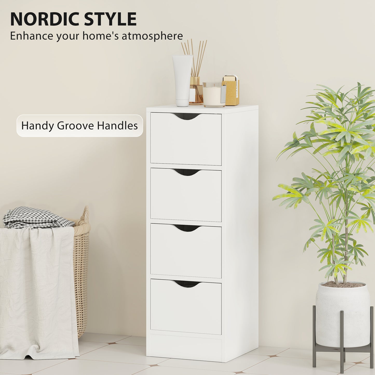 HOMCOM 4-Drawer Bathroom Cabinet, Freestanding Narrow Storage Cabinet with Groove Handles for Small Spaces, White