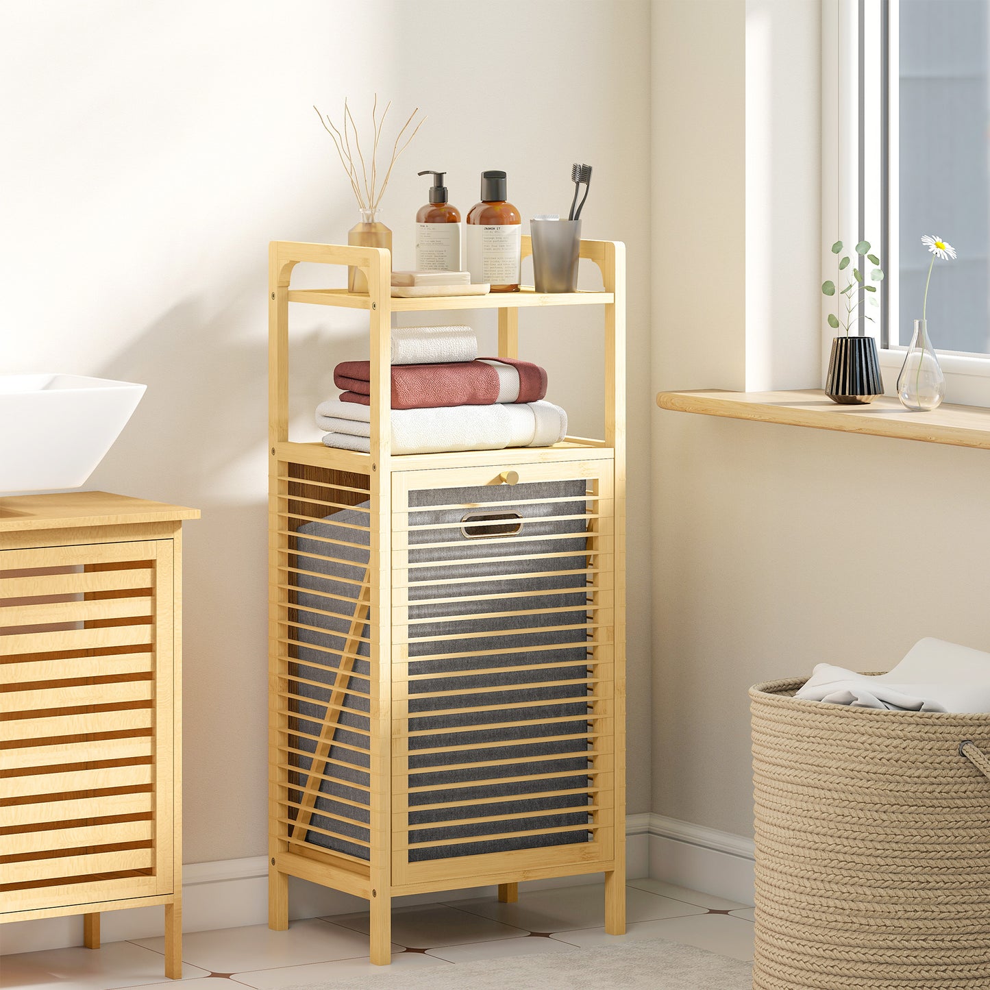 HOMCOM Bamboo Laundry Cabinet with Slatted Door, Bathroom Cabinet with Tilt-Out Hamper and Removable Liner Bag, 40 x 30D x 95 cm, Natural Wood Finish