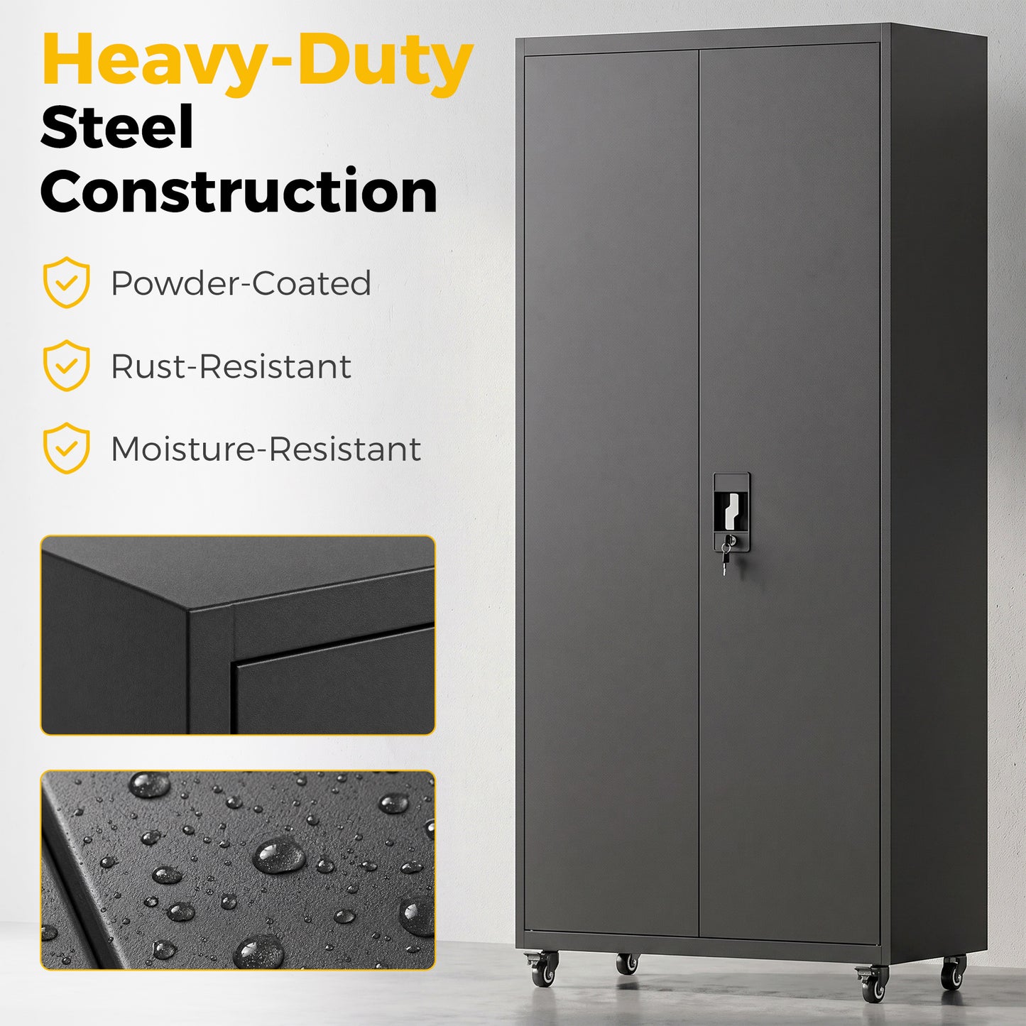 HOMCOM Metal Storage Cabinet, 180 cm Tall Lockable Steel Tool Cabinet with Removable Wheels and Adjustable Shelves, Black