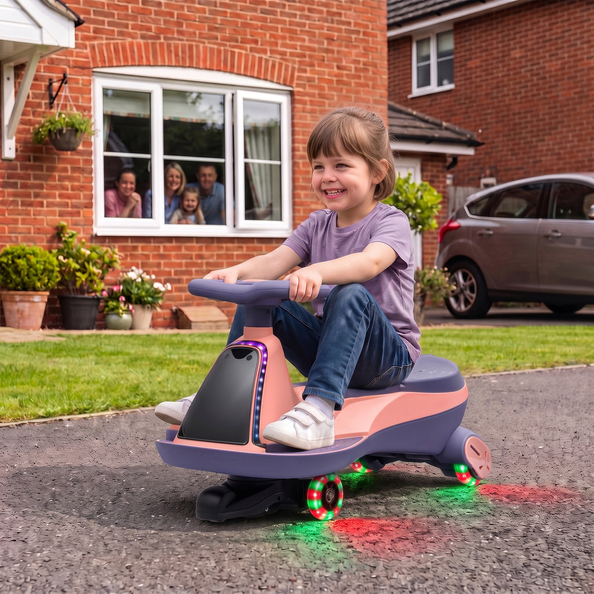 AIYAPLAY 12V Electric Wiggle Car, 2-In-1 Kids Ride On Toy with 2 Speeds, Soft Start, PU Wheels, RGB Lights, Up to 60 kg, Pink