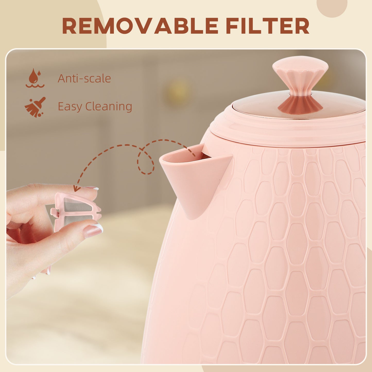 HOMCOM 3kW Rapid Boil Honeycomb Kettle - Light Pink