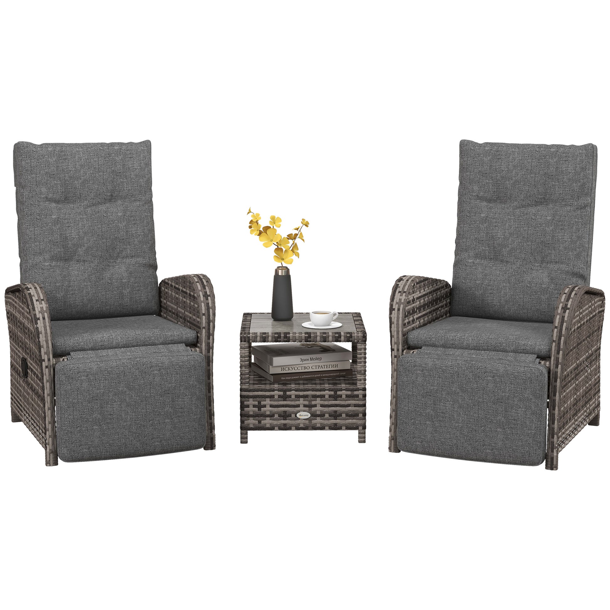 Outsunny 2 Seater Patio Rattan No Installation Chaise Lounge Sofa Set with Premium Fabric Cushion, Grey and Brown