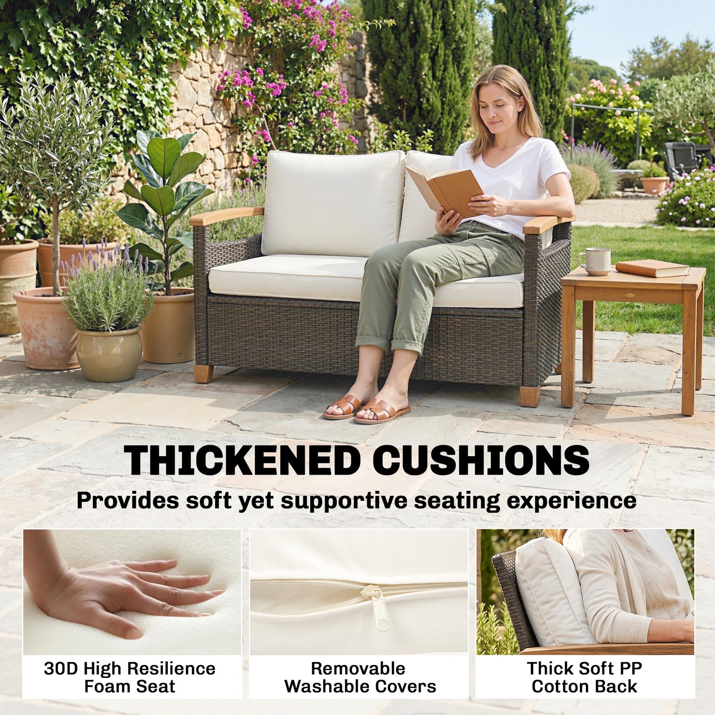 Outsunny 2 Seater Rattan Garden Sofa, Outdoor Sofa with Thickened Cushions and Acacia Wood Armrests, Brown