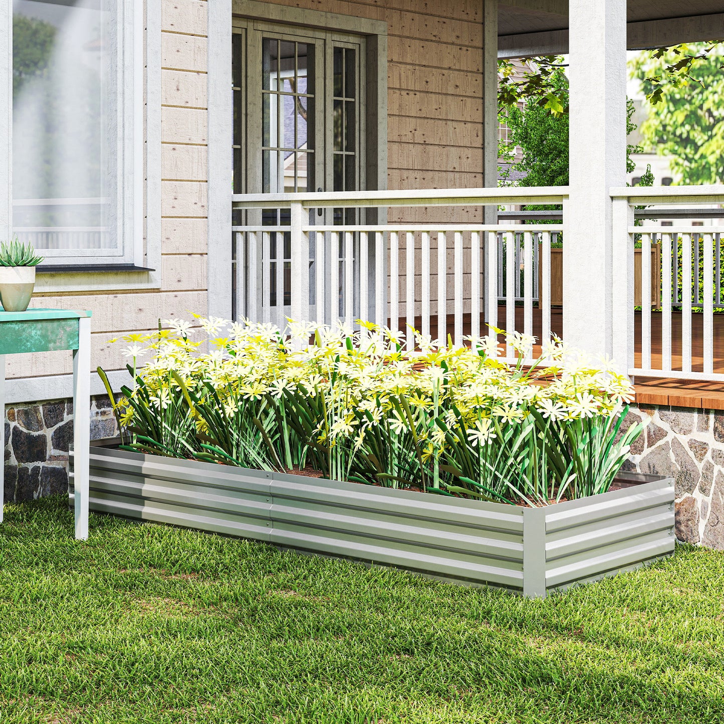 Outsunny Metal Raised Garden Bed Planter Box Outdoor Planters for Growing Flowers, Herbs, Green, Silver
