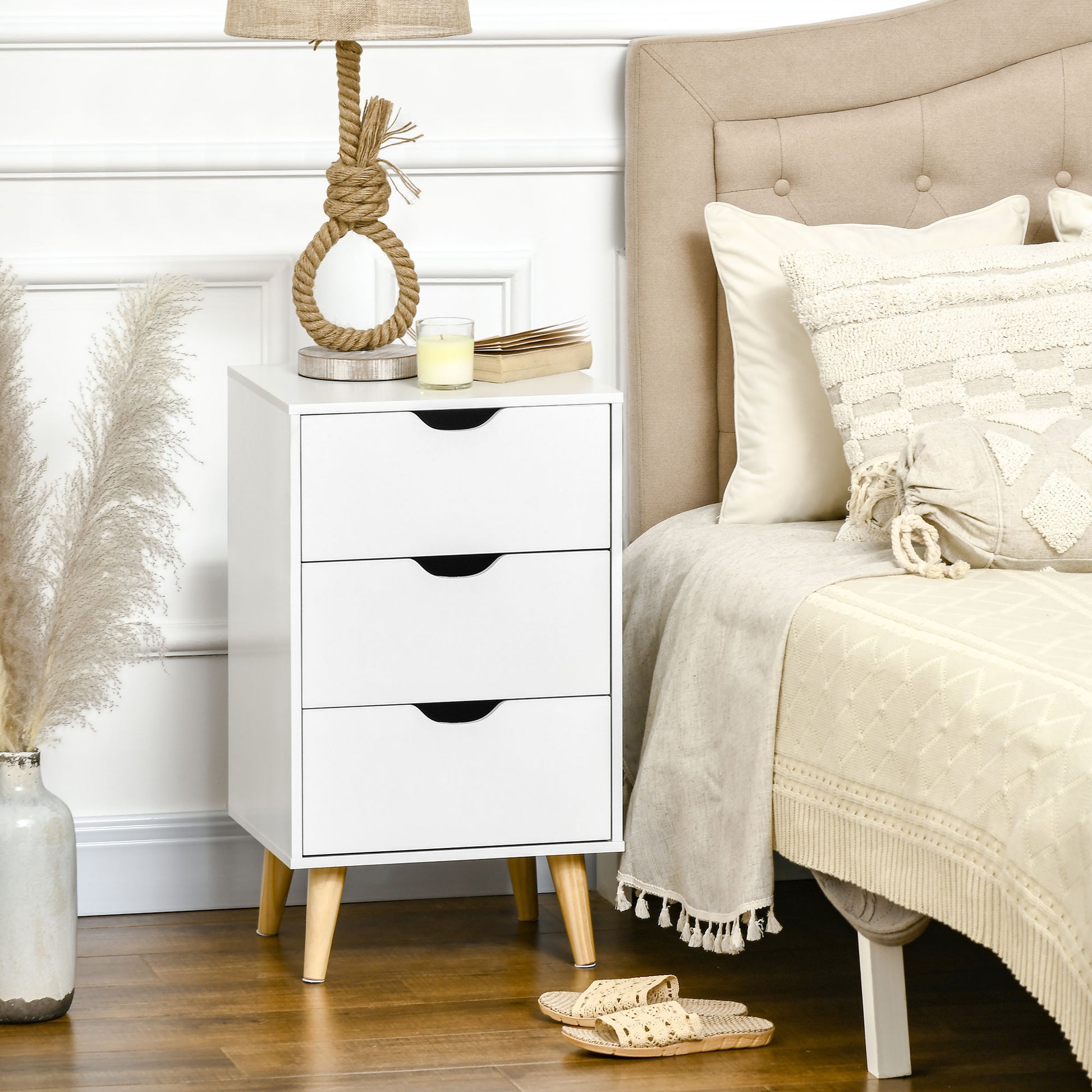 HOMCOM Set of 2 Bedside Tables, Modern Nightstand Side End Table with 3 Storage Drawers and Solid Pine Wood Legs for Bedroom Living Room Entryway, White