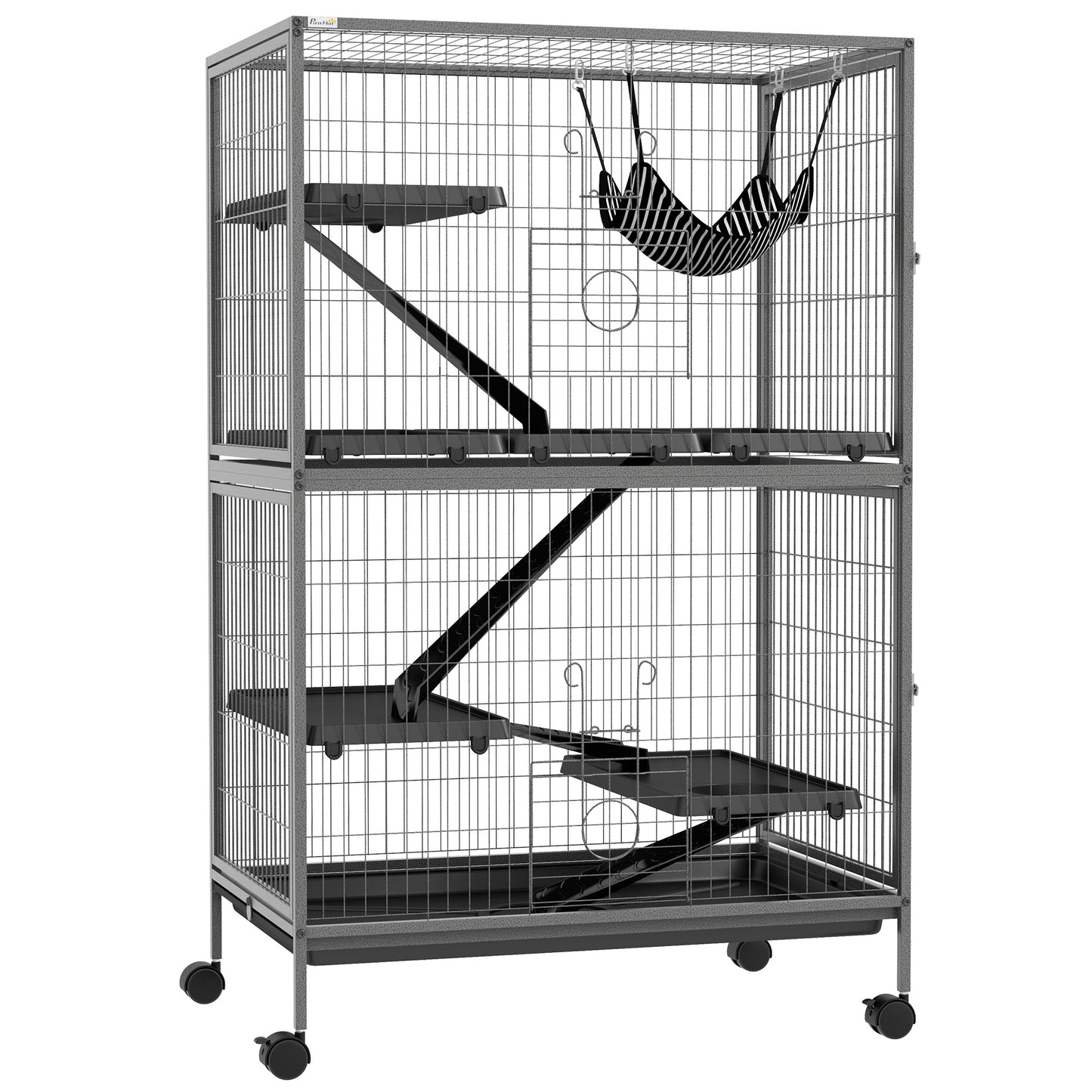 PawHut Small Animal Cage for Chinchilla Ferret Kitten on Wheels with Hammock Removable Tray, Grey Default Title