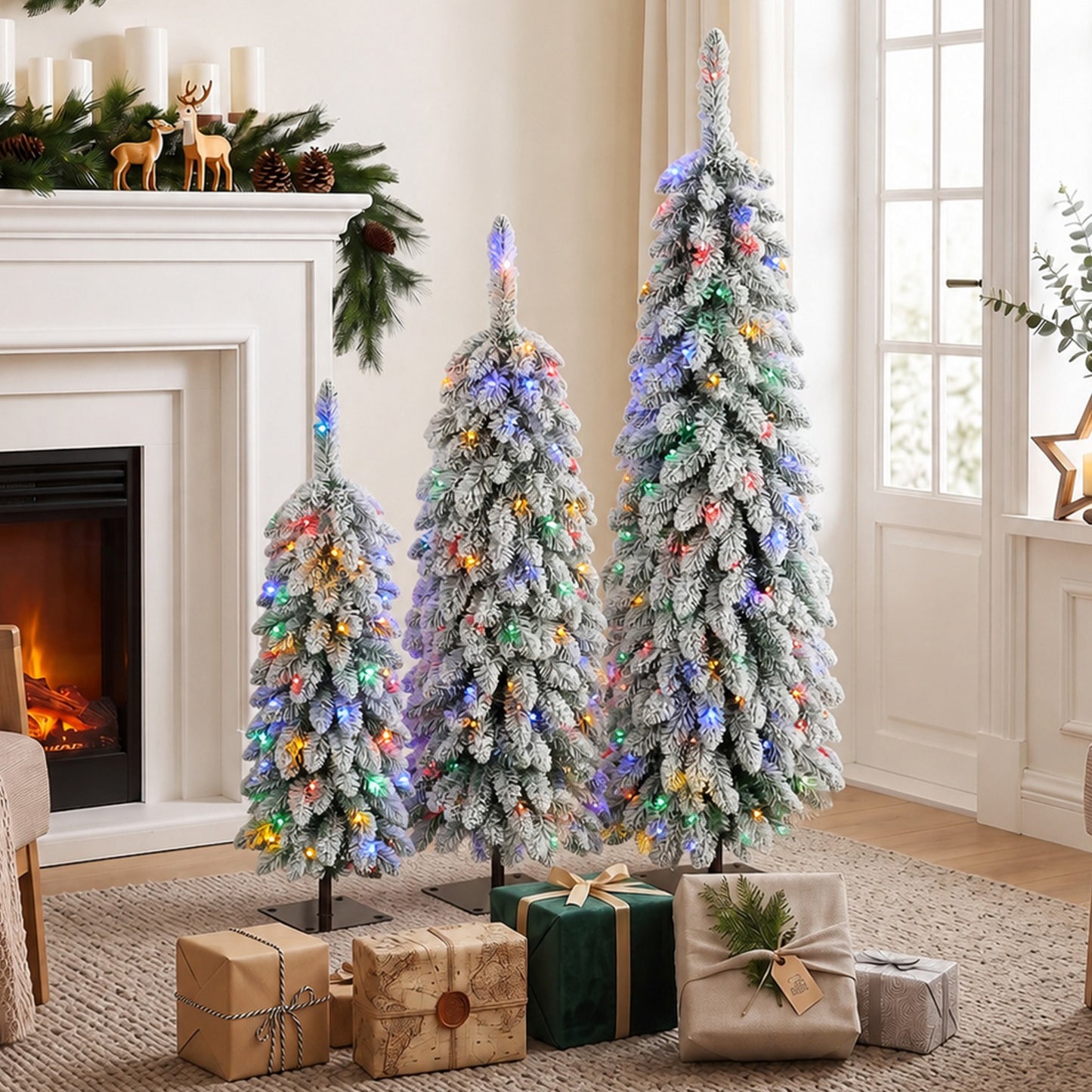 HOMCOM Artificial Christmas Tree Set of 3, Snowy Pre-Lit Christmas Tree with PVC Branch Tips, 90/120/150 cm, Green White
