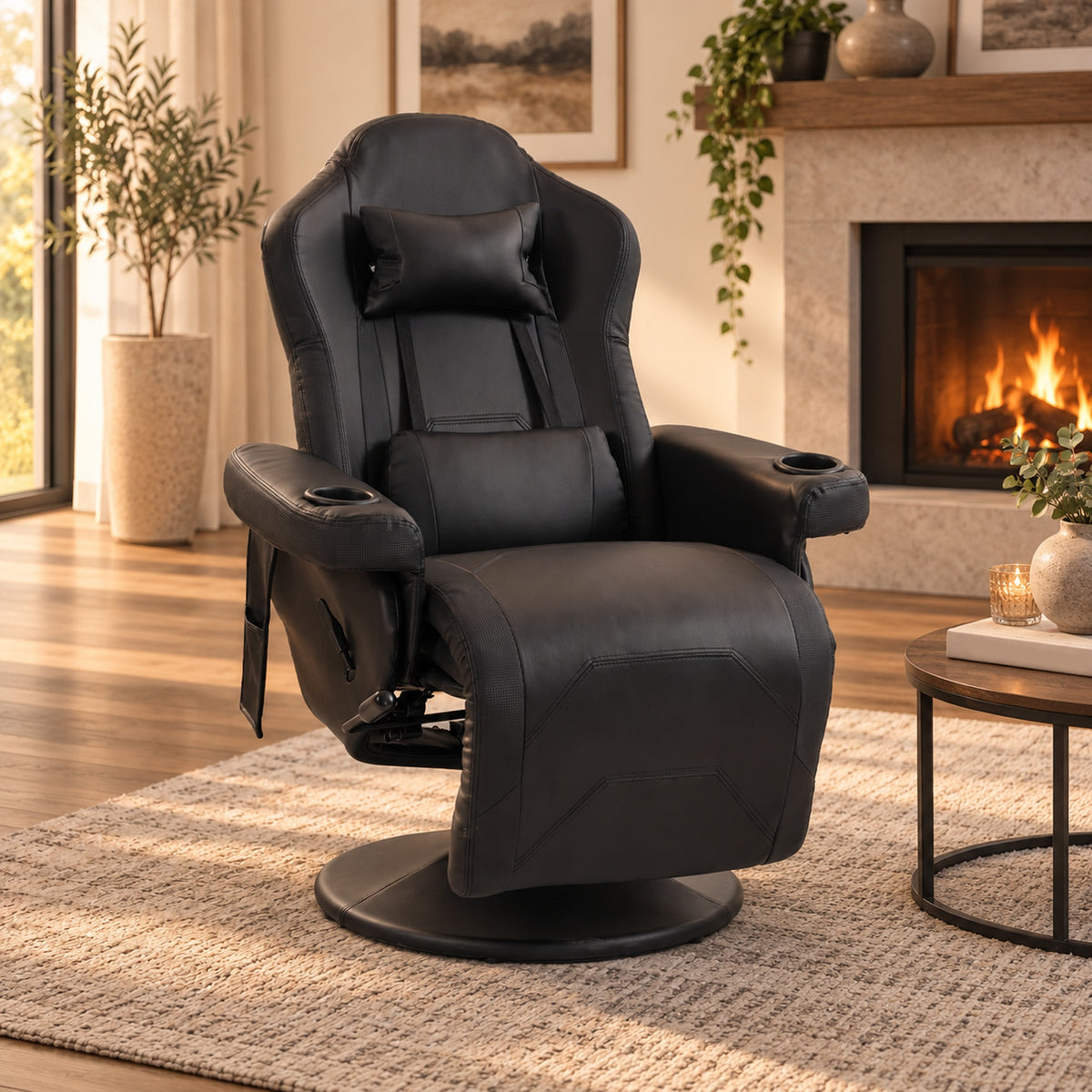 HOMCOM Manual Recliner Armchair PU Leather Lounge Chair w/ Adjustable Leg Rest, 135Â° Reclining Function, 360Â° Swivel, Black