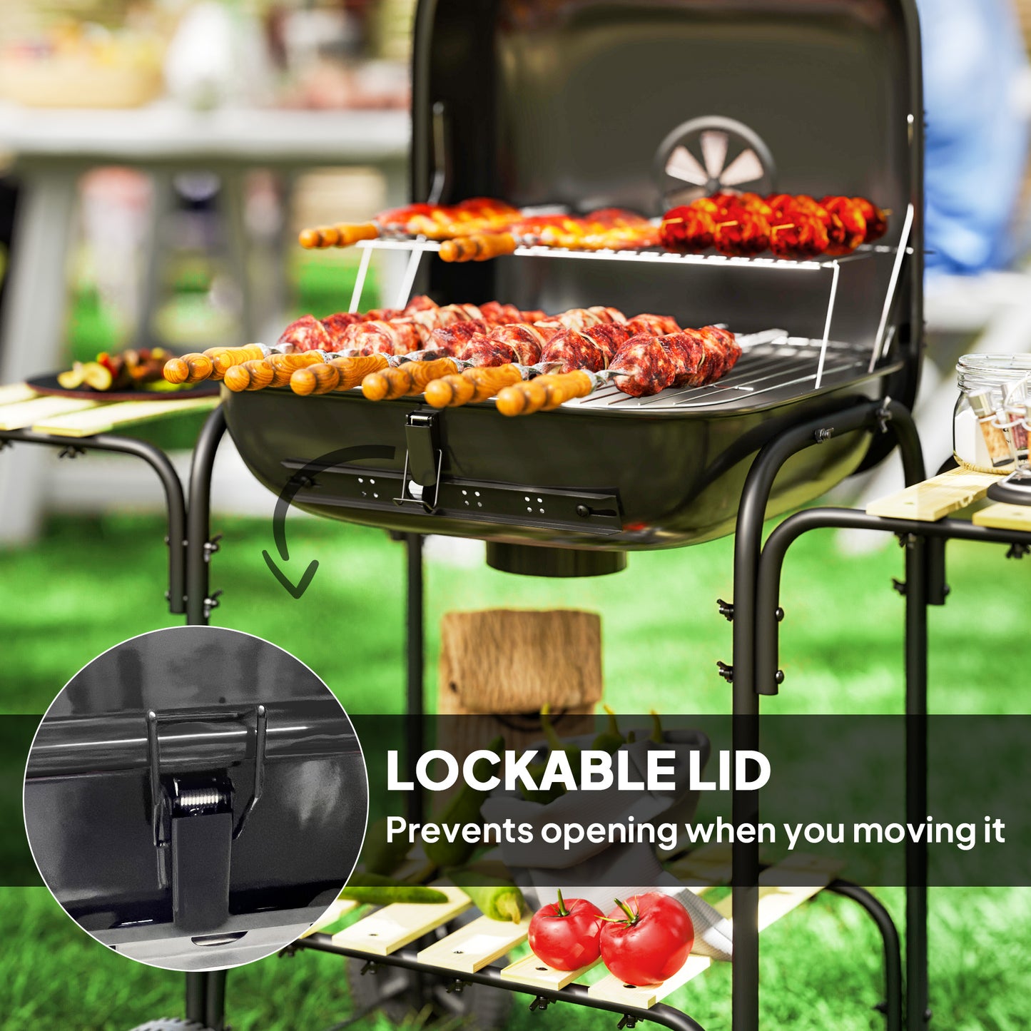 Outsunny Charcoal Barbecue Grill Portable BBQ Grill with 1840 cmÂ² Cooking Area, 3 Shelves, Adjustable Vent, Lockable Lid, Wheels for Outdoor Cooking, Garden Party, Black