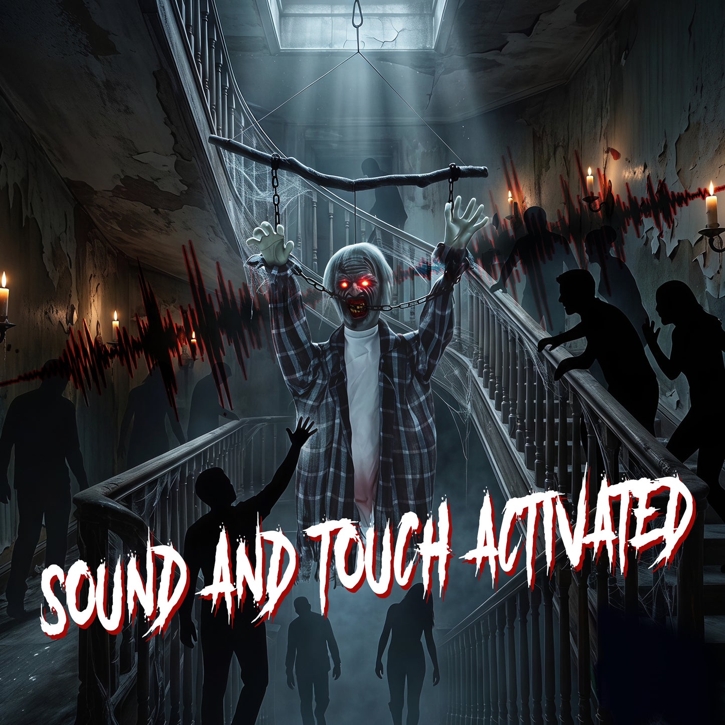 HOMCOM 110cm Screaming Animated Hanging Halloween Decoration, Sound Touch Activated Zombie Decor with Glowing Red Eyes
