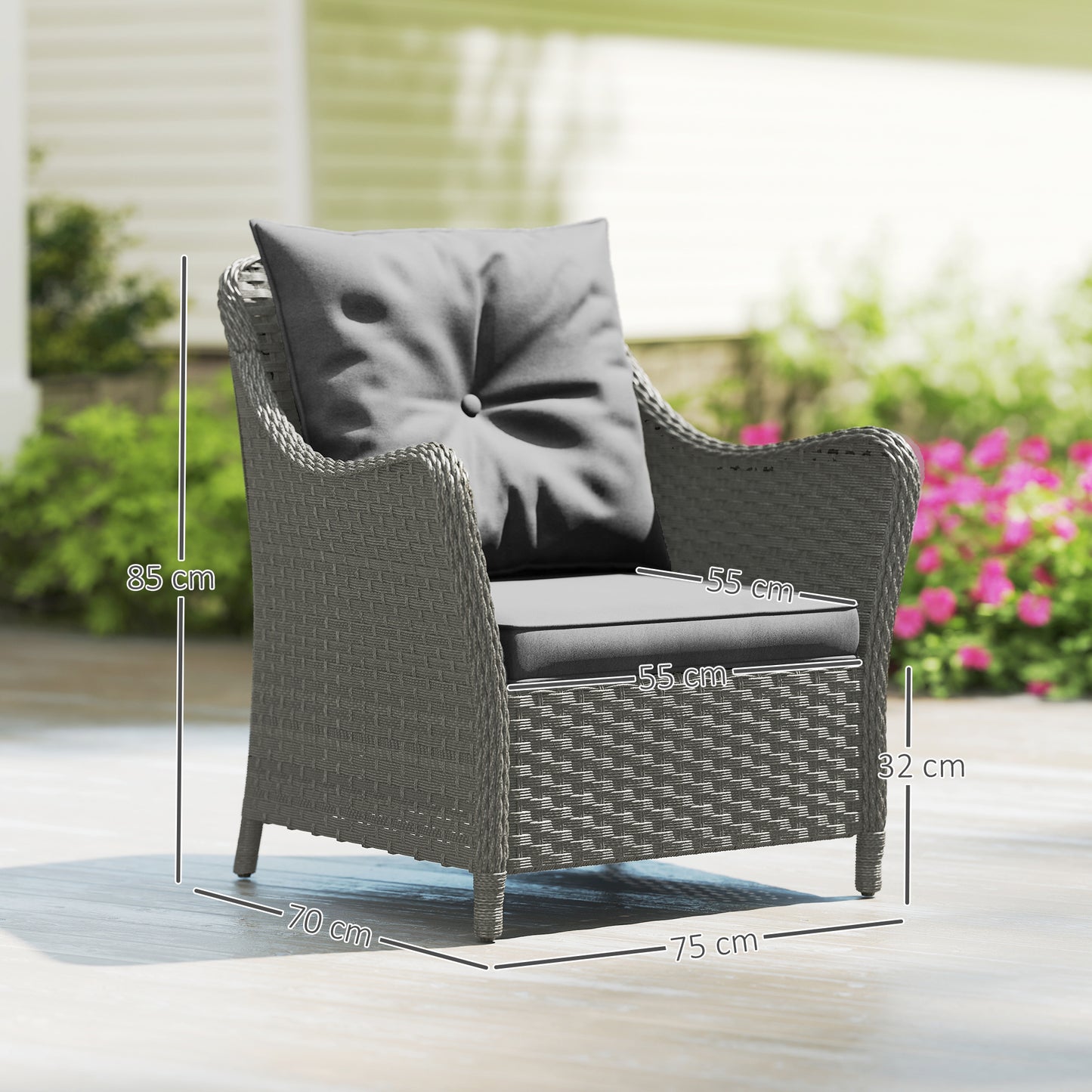 Outsunny Rattan Garden Chairs Set of 2, Outdoor Rattan Chairs with Cushions, Armrests and High Back, PE Wicker Garden Armchair with Steel Frame for Balcony, Porch, Dark Grey