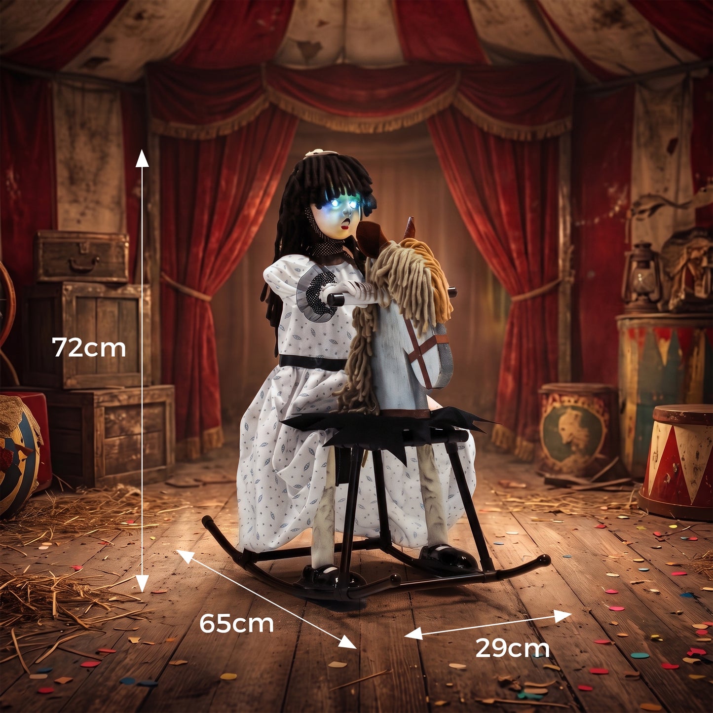 HOMCOM Animated Halloween Girl Riding Horse, Halloween Animatronics with Creepy Rhymes, Glowing Eyes, Sound/Touch Activated
