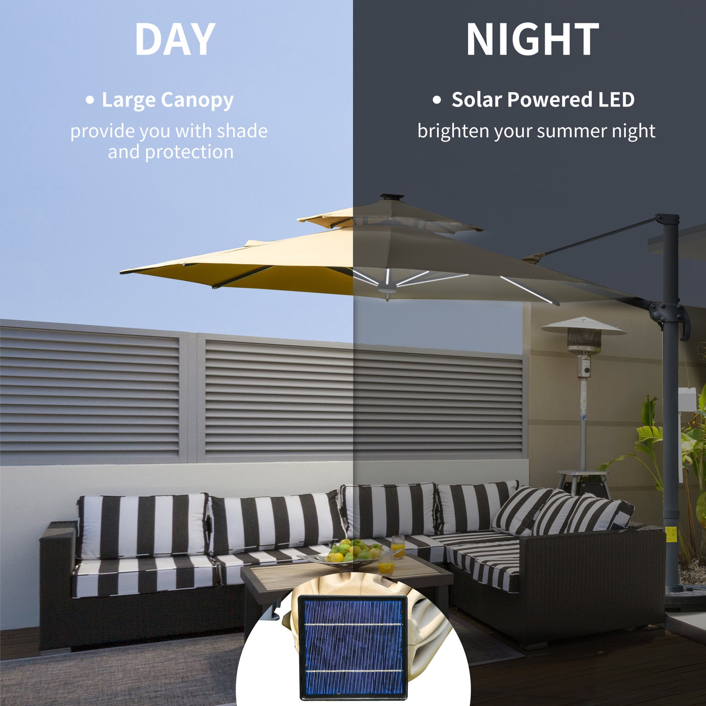 Outsunny 3m Cantilever Parasol w/ Solar Lights Power Bank Base 360Â° Spin Khaki