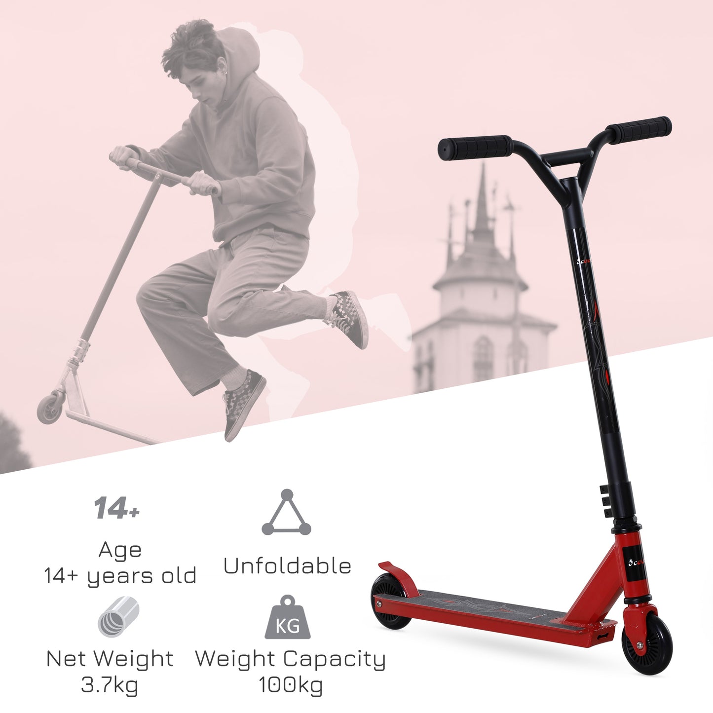 HOMCOM Street Stunt Scooter Intermediate and Beginner Freestyle Tricks Scooters For 14+ Teens Adult w/ Rear Ï†10cm Wheel & Brake - Red