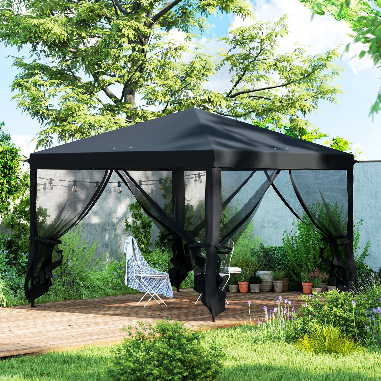 Outsunny 3 x 3Â m Pop Up Gazebo, 420D Garden Tent Canopy with Removable Mesh Sidewall Netting, Carry Bag for Garden Patio Outdoor, Black