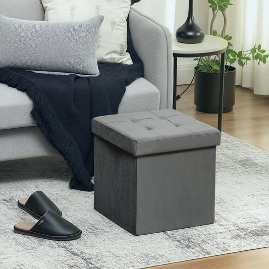 HOMCOM Foldable Velvet-Feel Storage Ottoman - Grey