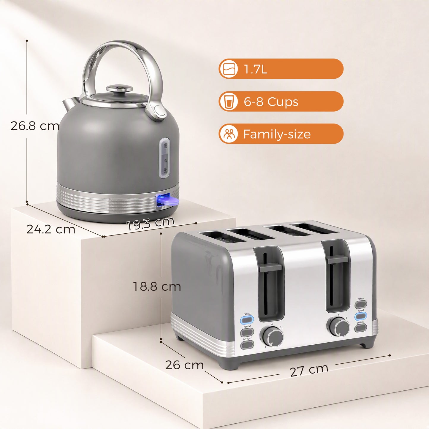HOMCOM Stainless Steel Kettle and Toaster Set, 1.7L 3000W Cordless Fast Boil Kettle, 4 Slice Toaster Kitchen Set, Grey